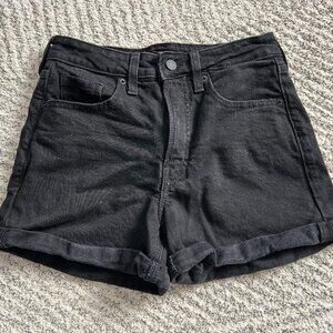 High-Rise Straight Leg Black Denim Shorts